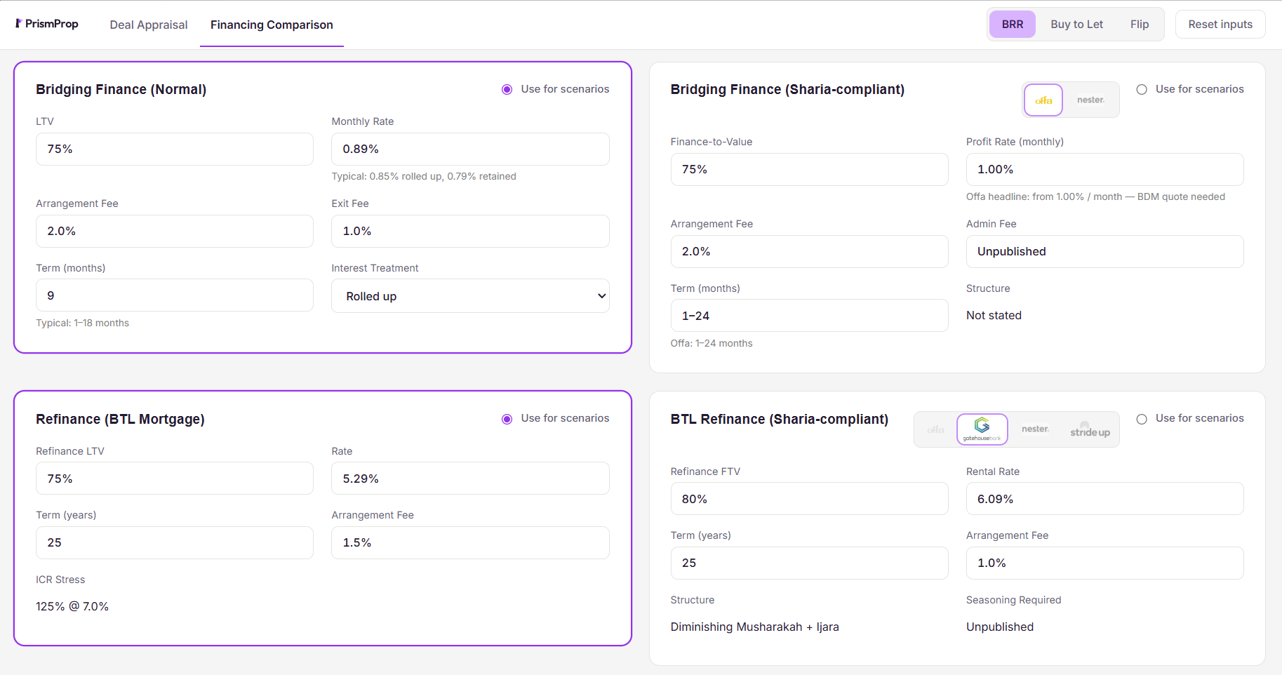 Screenshot of a full PrismProp finance route comparison